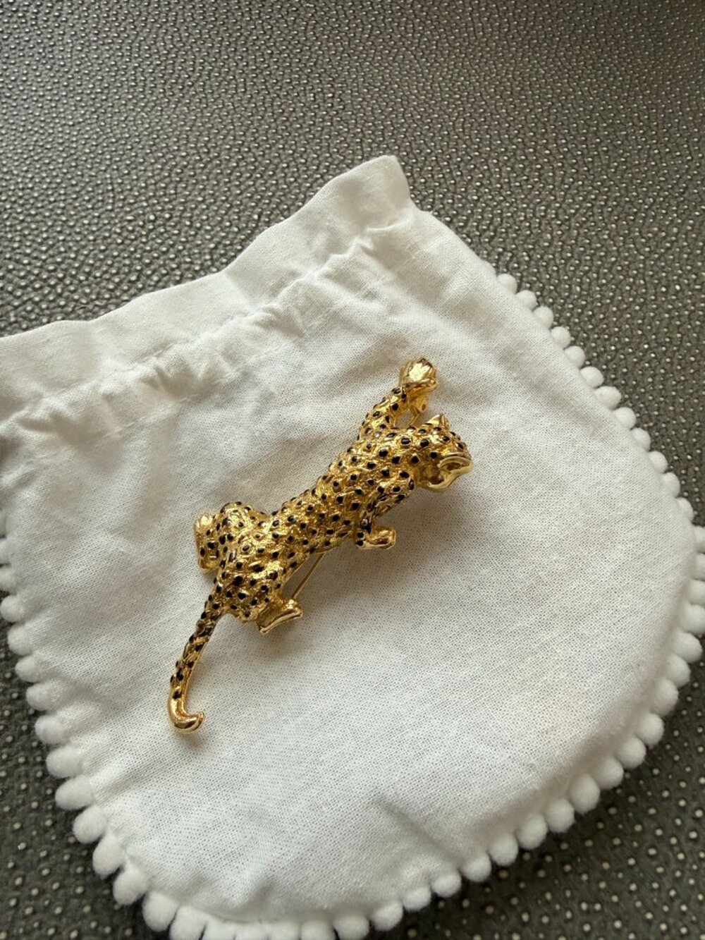 Vintage Gold Leopard Brooch Black Enamel Spots